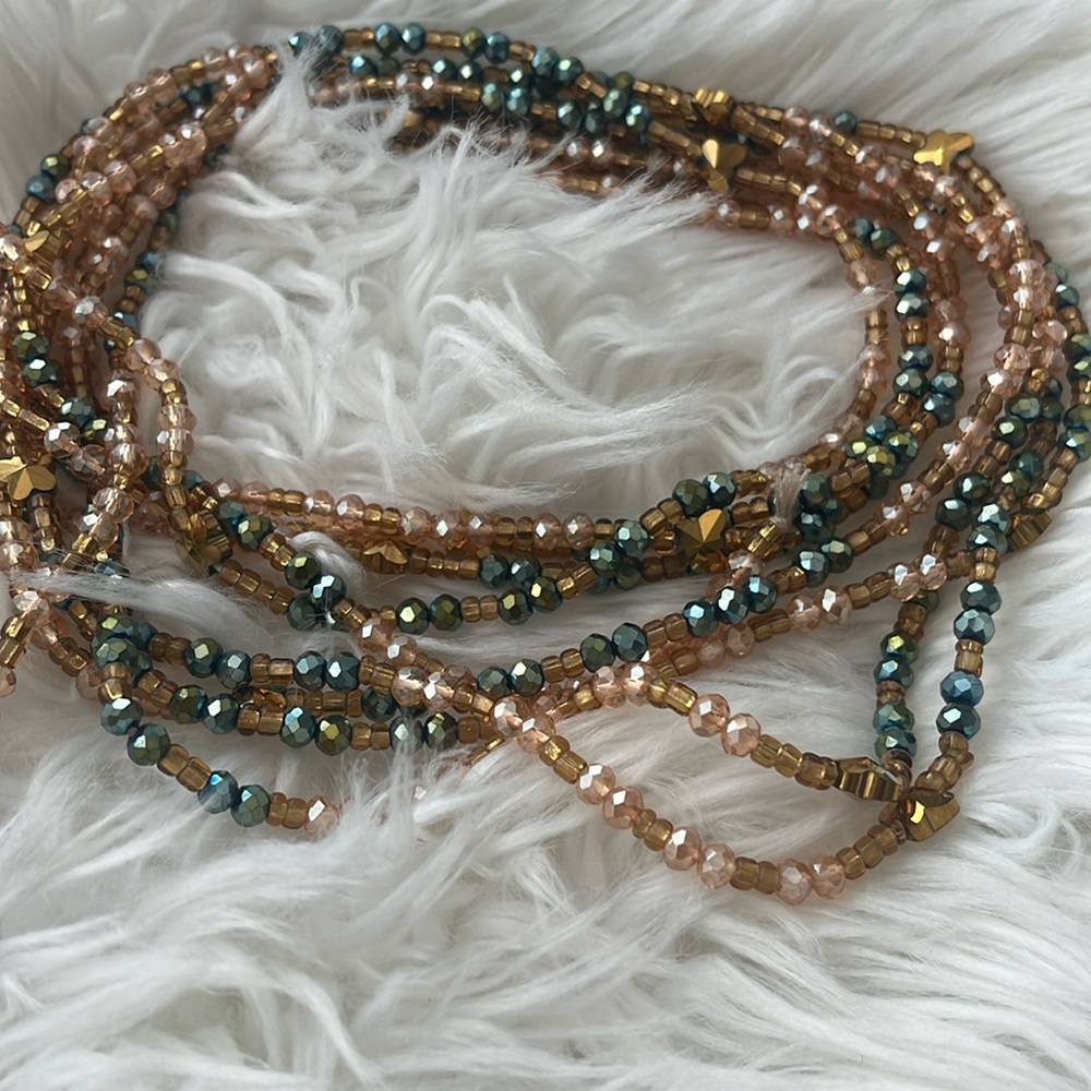 Waist beads TIE ON. Reflective blue gold flower
